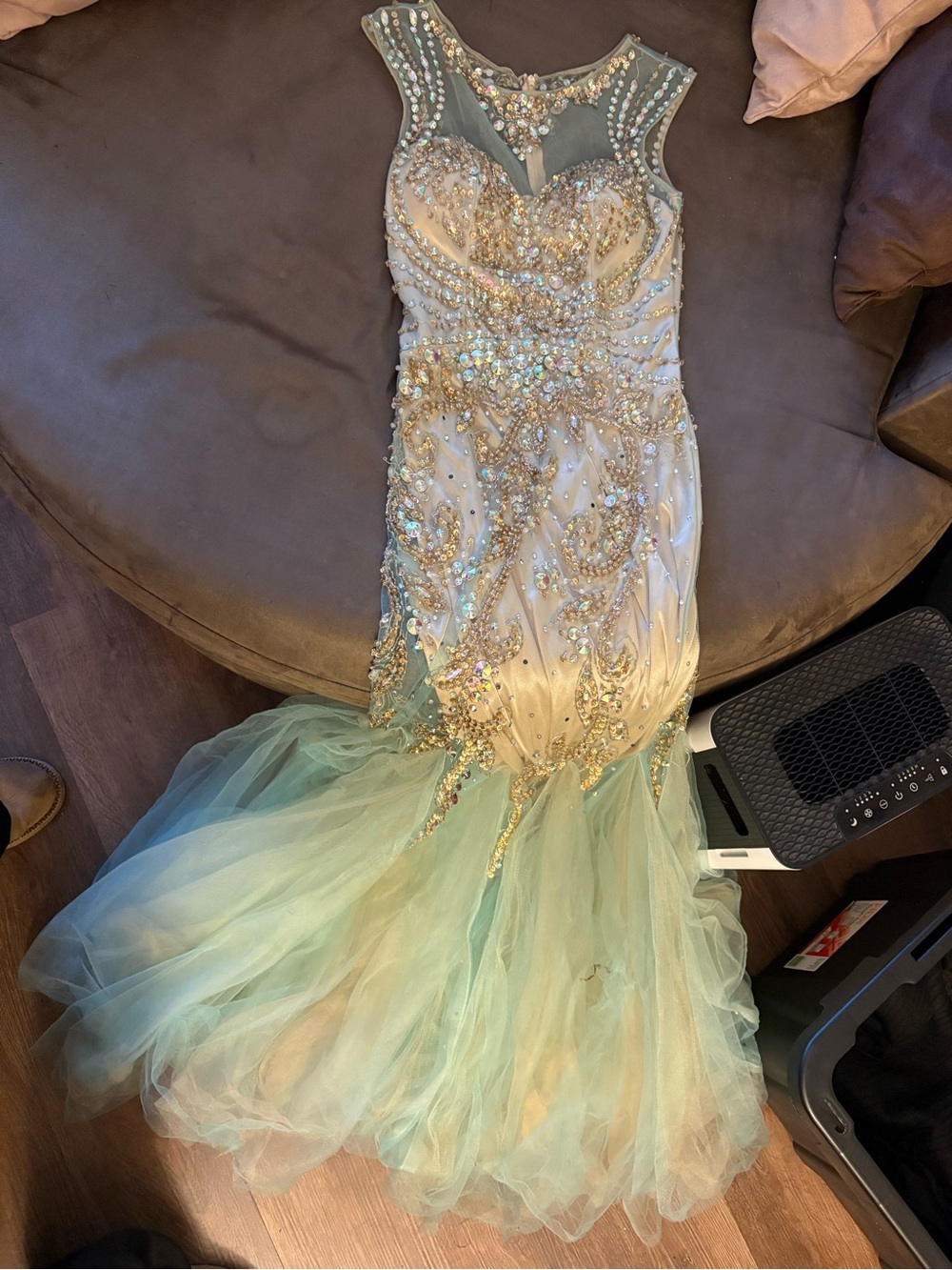 Embellished Mermaid Tulle Evening Dress in Seafoam Green